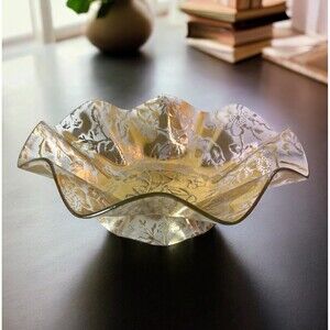 VTG Large Gold Gilded Floral Overlay Ruffled Handkerchief Footed Glass Bowl MCM